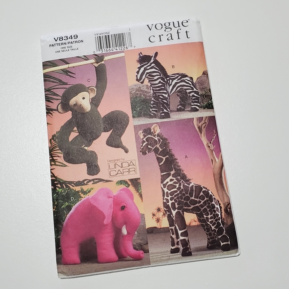 Vogue 8349 Linda Carr Stuffed Plush Animal Pattern Monkey Giraffe Elephant Zebra - Picture 1 of 8